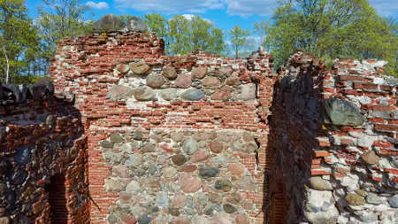 Aerial View the Ruins of Veckalsnava Church. Olds Architecture Details of the Lutheran Church in the Kalsnava Parish Latvia. Sunny Spring Day.のeditorial素材