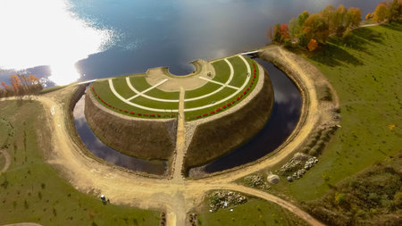 Autumn Aerial Landscape Over the Garden of Destiny in Koknese, Open-air Park Liktendarzs. Monumental...