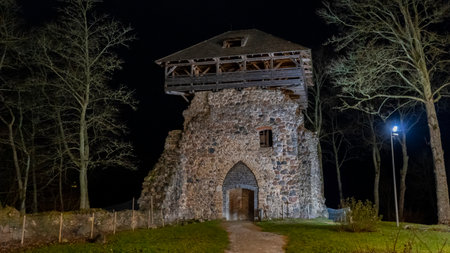 Ruins of Sigulda Medieval Castle, Latvia. Old Fortress Cristmas Time Night Shot.のeditorial素材