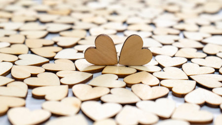 Beautiful Card With Romantic Valentine Wooden Hearts Shapes. Nature Concept. Wedding Card...