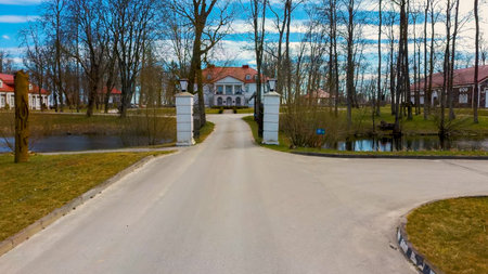 Amazing Aerial View Bistrampolis Palace and Parkin Lithuania, Panevezys District. Historic Palace in...