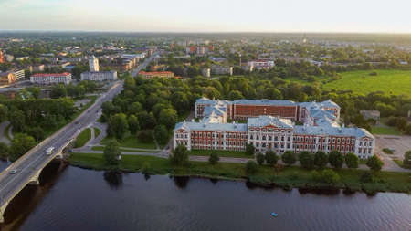 Aerial View of Jelgava City Panorama LLU Palace in Latvia, Zemgale. Largest Baroque Style Castle in Baltics on the Lielupe River Bank.  Aerial Jelgava City Sunset View.のeditorial素材