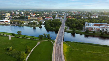 Aerial View of Jelgava City Panorama LLU Palace in Latvia, Zemgale. Largest Baroque Style Castle in Baltics on the Lielupe River Bank.  Aerial Jelgava City Sunset View.のeditorial素材