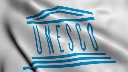 28 June 2022, Riga, Latvia: Animation of The United Nations Educational, Scientific and Cultural Organization Flag. Realistic Fabric Texture Satin UNESCO Flag Background Video Waving in Windのeditorial素材