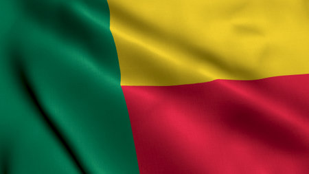 Benin Flag. Waving  Fabric Satin Texture Flag of Benin 3D illustration. Real Texture Flag of the Republic of Beninの写真素材