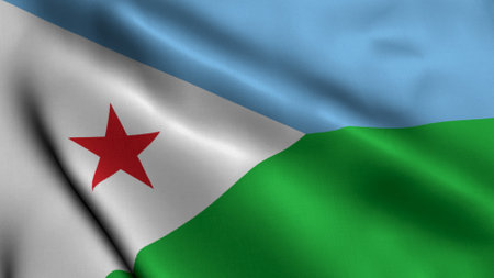 Djibouti Flag. Waving  Fabric Satin Texture of the Flag of Djibouti 3D illustration. Real Texture Flag of the Djiboutiの写真素材