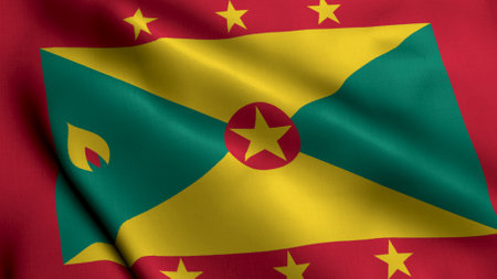 Grenada Flag. Waving  Fabric Satin Texture Flag of Grenada 3D illustration. Real Texture Flag of the Grenadaの写真素材