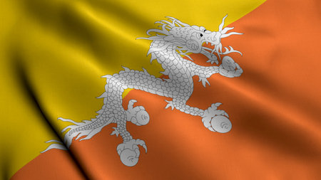 Bhutan Flag. Waving  Fabric Satin Texture of Bhutan 3D illustration. Real Texture Flag of the Kingdom of Bhutanの写真素材