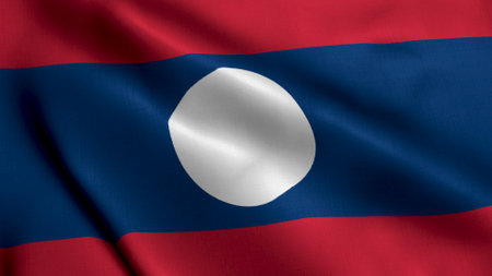 Laos Flag. Waving  Fabric Satin Texture Flag of Laos 3D illustration. Real Texture Flag of the Laos Peoples Democratic Republicの写真素材