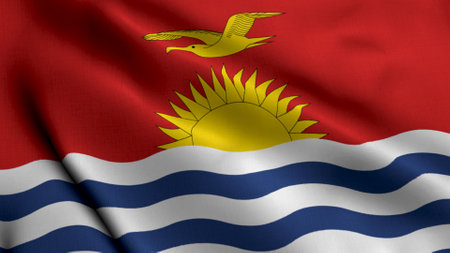 Kiribati Flag. Waving  Fabric Satin Texture Flag of Kiribati 3D illustration. Real Texture Flag of the Independent and Sovereign Republic of Kiribatiの写真素材