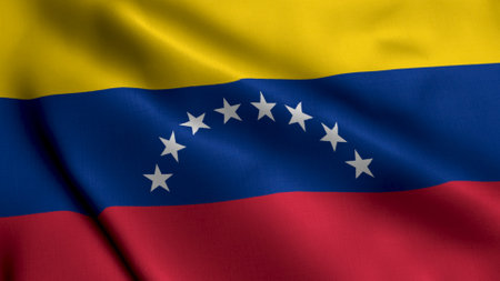 Venezuela Flag. Waving  Fabric Satin Texture Flag of Venezuela 3D illustration. Real Texture Flag of the Bolivarian Republic of Venezuelaの写真素材