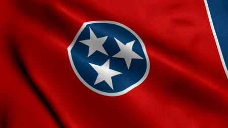 Tennessee State Flag. Waving Fabric Satin Texture National Flag of Tennessee 3D Illustration. Real Texture Flag of the State of Tennessee in the United States of America. USA. High Detailed Flagの写真素材