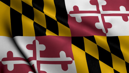 Maryland State Flag. Waving Fabric Satin Texture National Flag of Maryland 3D Illustration. Real Texture Flag of the State of Maryland in the United States of America. USA. High Detailed Flagの写真素材