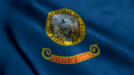 Idaho State Flag. Waving Fabric Satin Texture National Flag of Idaho 3D Illustration. Real Texture Flag of the State of Idaho in the United States of America. USA. High Detailed Flag Animationの写真素材