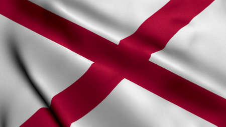 Alabama State Flag. Waving Fabric Satin Texture National Flag of Alabama 3D Illustration. Real Texture Flag of the State of Alabama in the United States of America. USA. High Detailed Flag Animationの写真素材