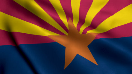 Arizona State Flag. Waving Fabric Satin Texture National Flag of Arizona 3D Illustration. Real Texture Flag of the State of Arizona in the United States of America. USA. High Detailed Flag Animationの写真素材