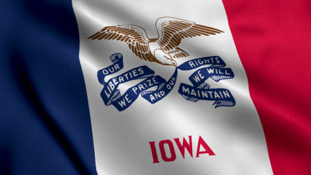 Iowa State Flag. Waving Fabric Satin Texture National Flag of Iowa 3D Illustration. Real Texture Flag of the State of Iowa in the United States of America. USA. High Detailed Flagの写真素材