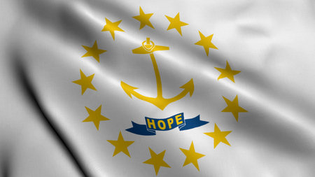 Rhode Island State Flag. Waving Fabric Satin Texture National Flag of Rhode Island 3D Illustration. Real Texture Flag of the State of Rhode Island in the United States of America. USAの写真素材