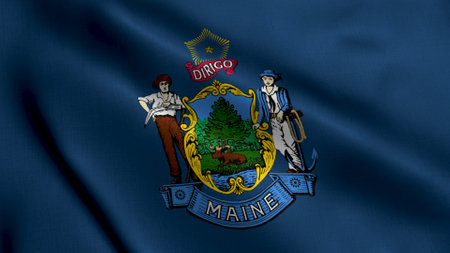 Maine State Flag. Waving Fabric Satin Texture National Flag of Maine 3D Illustration. Real Texture Flag of the State of Maine in the United States of America. USA. High Detailed Flag Animationの写真素材