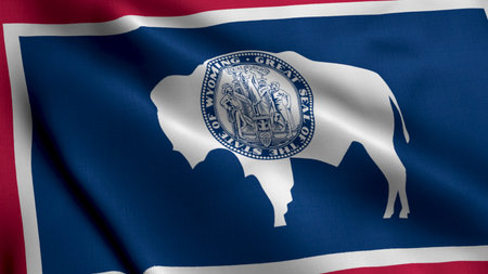 Wyoming State Flag. Waving Fabric Satin Texture National Flag of Wyoming 3D Illustration. Real Texture Flag of the State of Wyoming in the United States of America. USA. High Detailed Flag Animationの写真素材