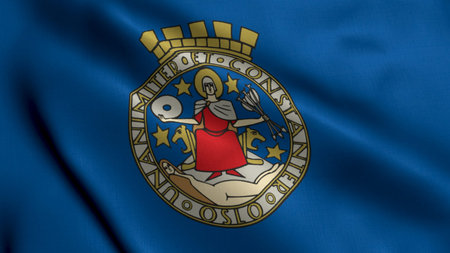 Oslo Municipality Flag Norway. Waving Fabric Satin Texture Norwegian National Flag of Oslo 3D Illustration. Real Texture Flag of the Oslo Municipality in the Norway.の写真素材