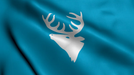 Hitra Municipality Flag Norway. Waving Fabric Satin Texture Norwegian National Flag of Hitra 3D Illustration. Real Texture Flag of the Hitra Municipality in the Norway.の写真素材