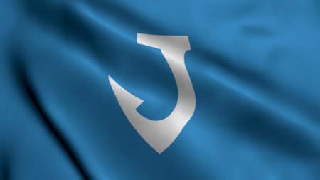 Batsfjord Municipality Flag Norway. Waving Fabric Satin Texture Norwegian National Flag of Batsfjord 3D Illustration. Real Texture Flag of the Batsfjord Municipality in the Norway.の写真素材