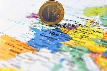 An image of a money on a map - euroの写真素材