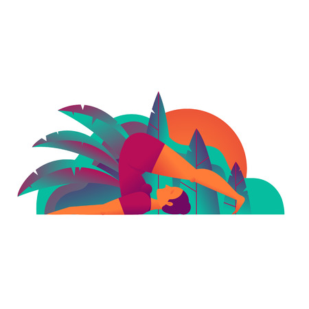 Woman doing yoga exercises outdoors. Halasana. Vector illustration in flat style.のイラスト素材