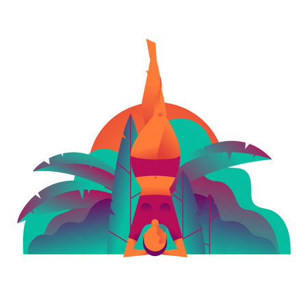 Woman doing yoga exercises outdoors. Shirshasana. Vector illustration in flat style.のイラスト素材