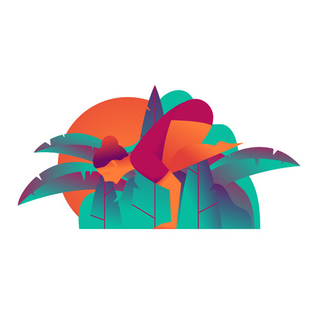 Woman doing yoga exercises outdoors. Bakasana. Vector illustration in flat style.のイラスト素材