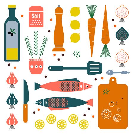 Vector retro set kitchen utensils. Cooking tools flat style. Cook equipment isolated objects.のイラスト素材