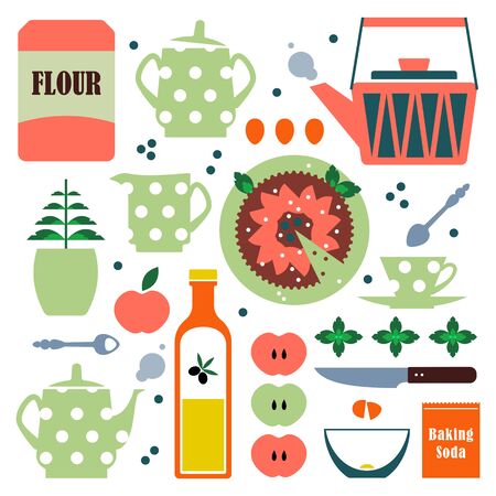 Vector retro set kitchen utensils. Cooking tools flat style. Cook equipment isolated objects.のイラスト素材