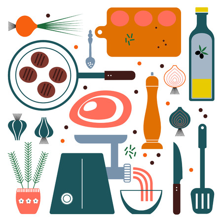 Vector retro set kitchen utensils. Cooking tools flat style. Cook equipment isolated objects.のイラスト素材