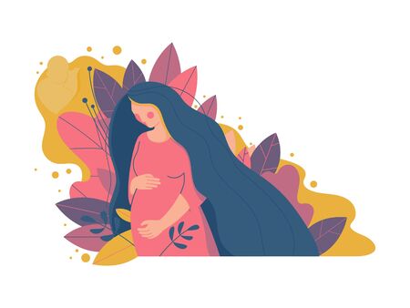Cute pregnant woman. Vector illustration of a woman waiting for a baby. Happy mom expecting baby. Pregnancy.のイラスト素材
