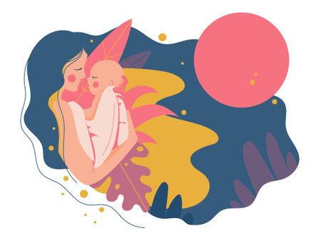 Vector illustration of a woman and her baby. Happy motherhood.のイラスト素材