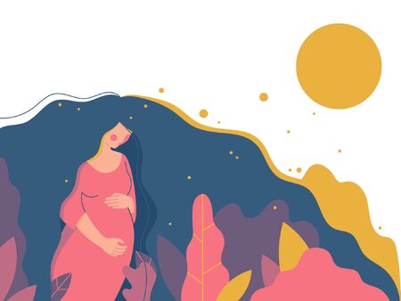 Cute pregnant woman. Vector illustration of a woman waiting for a baby. Happy mom expecting baby. Pregnancy.のイラスト素材