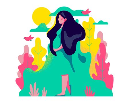 Cute pregnant woman. Vector illustration of a woman waiting for a baby. Happy mom expecting baby. Pregnancy.のイラスト素材