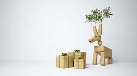 3d render of happy wooden animal with branches and green leaves and gift boxesの写真素材