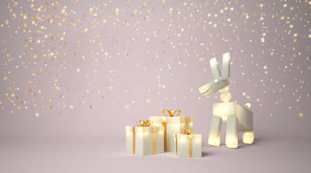 3d render of glowing dog with gift boxes and gold stars on pink backgroundの写真素材