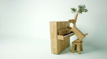 3d render of happy wooden animal with branches and green leaves playing piano on green backgroundの写真素材