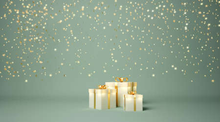 Glowing gift boxes and gold stars on green backgroundの写真素材