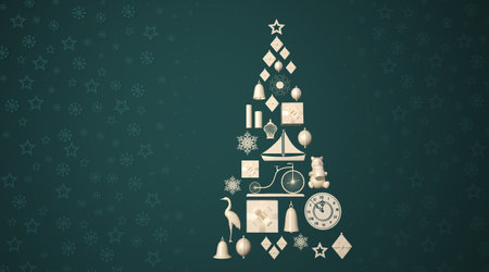 3d render of Christmas tree on green background with stars and snowflakesの写真素材