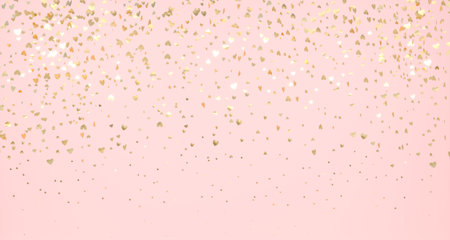 Gold flying hearts on pink background. Glistening gols falling hearts.の写真素材