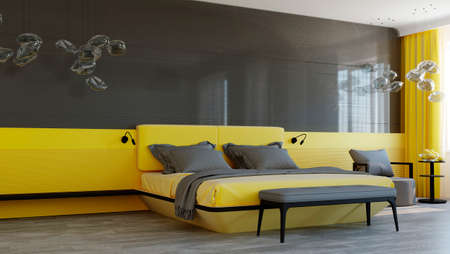 3d illustration of bedroom in grey and yellow colours.の写真素材