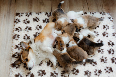 Corgi mother dog feeds six small puppies.