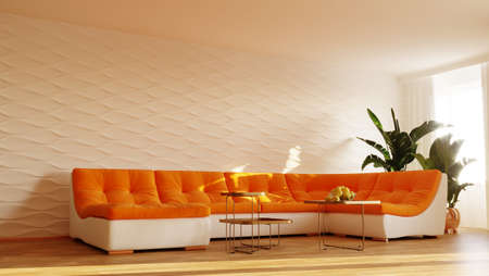 3d illustration of living room with big orange sofa.の写真素材