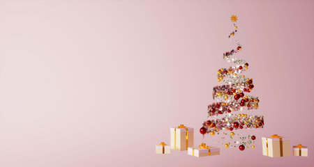 3d render of abstract Christmas tree with gift boxes and gold stars on pink background.