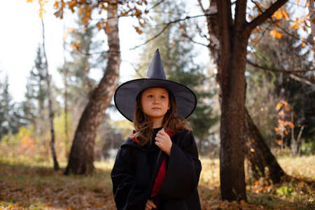 Girl in costume of witch in autumn forest.の写真素材