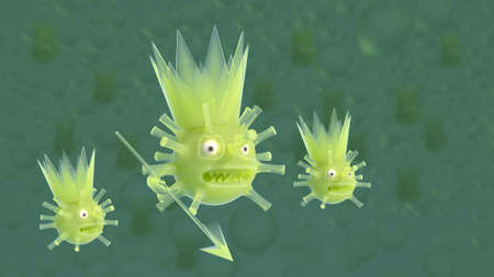 3d render of cartoon angry coronavirus. Green microbes.の写真素材